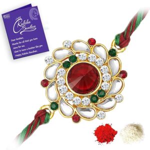 Sukkhi Rakhi for Brother Elegant Floral Kundan Designer Gold Plated With Roli Chawal & Greeting Card